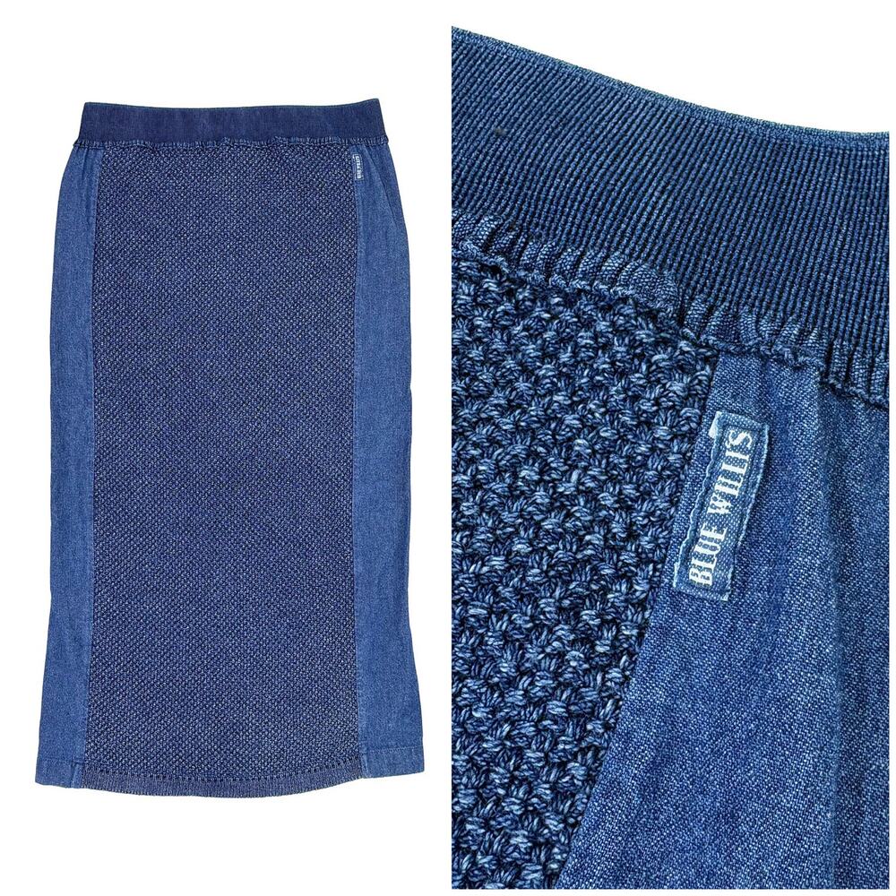 Blue Willi's Denim Knit Midi Skirt Women M Blue Cotton Pencil Lagenlook Boho